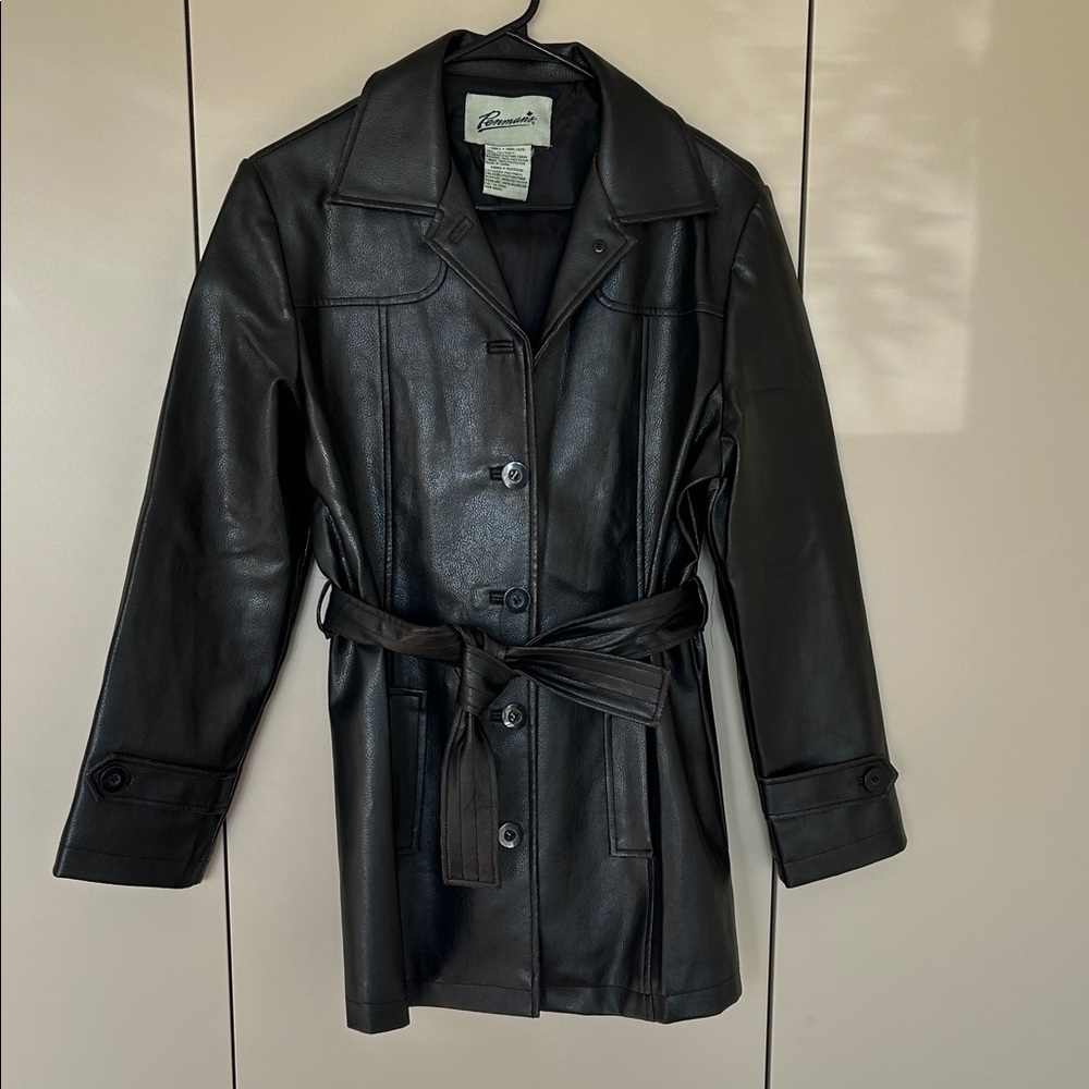 Vintage Black (vegan) Leather Belted Jacket